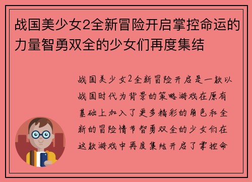 战国美少女2全新冒险开启掌控命运的力量智勇双全的少女们再度集结